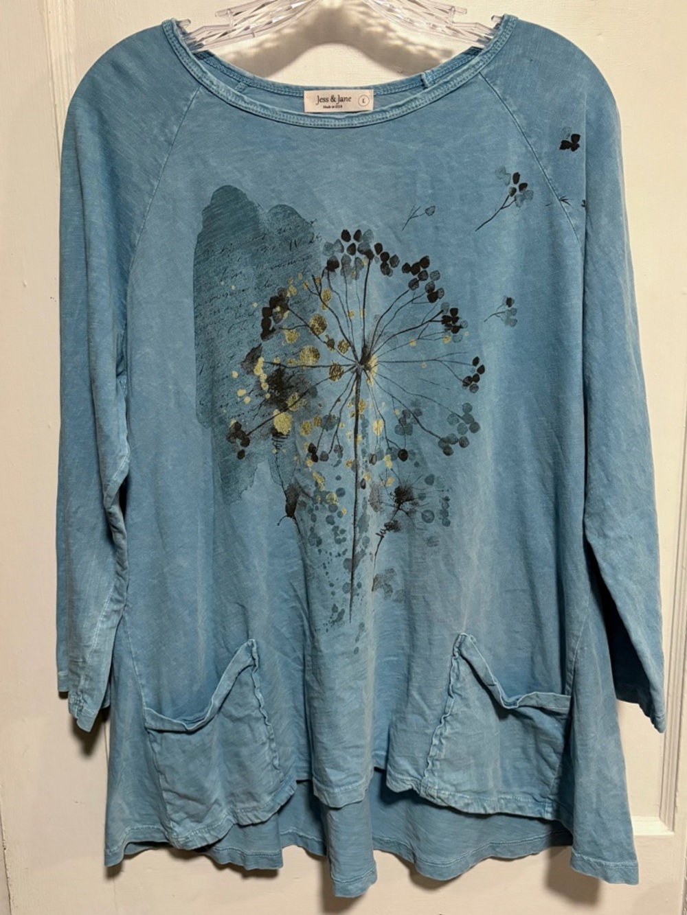 Jess & Jane Top Blue Slub Cotton Mineral Wash Tunic Boho Artsy Lagenlook Sz L